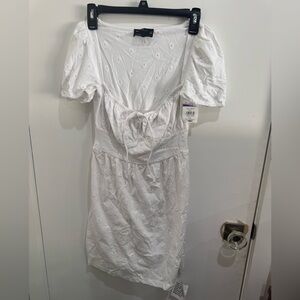 ASOS White Eyelet Tie-Back Mini Dress with Puff Sleeves